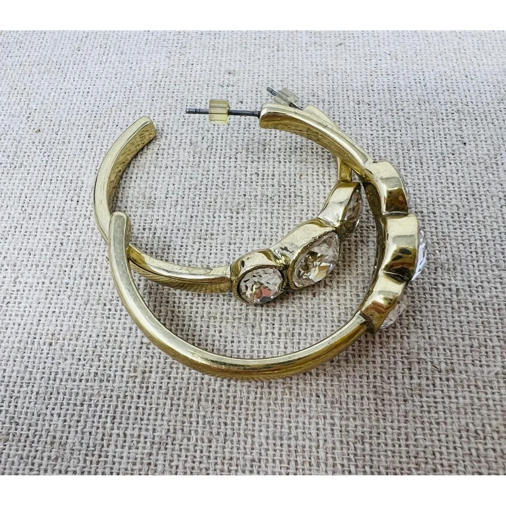 Heidi Daus Gold Tone Clear Crystal Triple Stone Hoop Earrings Pierced C-Hoops